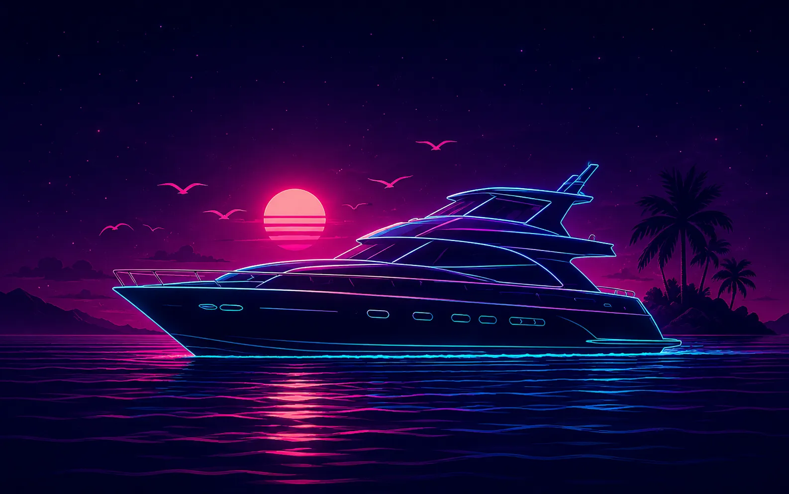 Illustrated yacht sailing at sunset