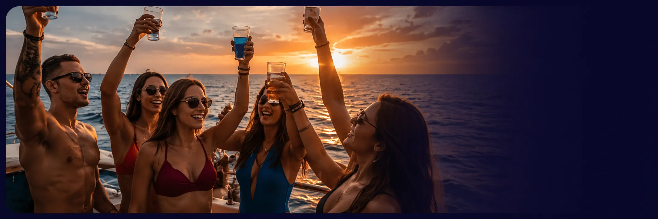 Guests celebrating with drinks at sunset on the boat