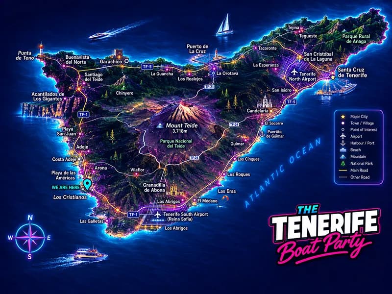 Map of Tenerife showing Los Cristianos, where The Tenerife Boat Party departs from